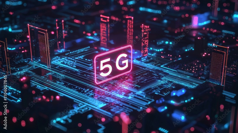 Poster a vibrant digital representation of a 5g network, featuring glowing lines and nodes, emphasizing adv