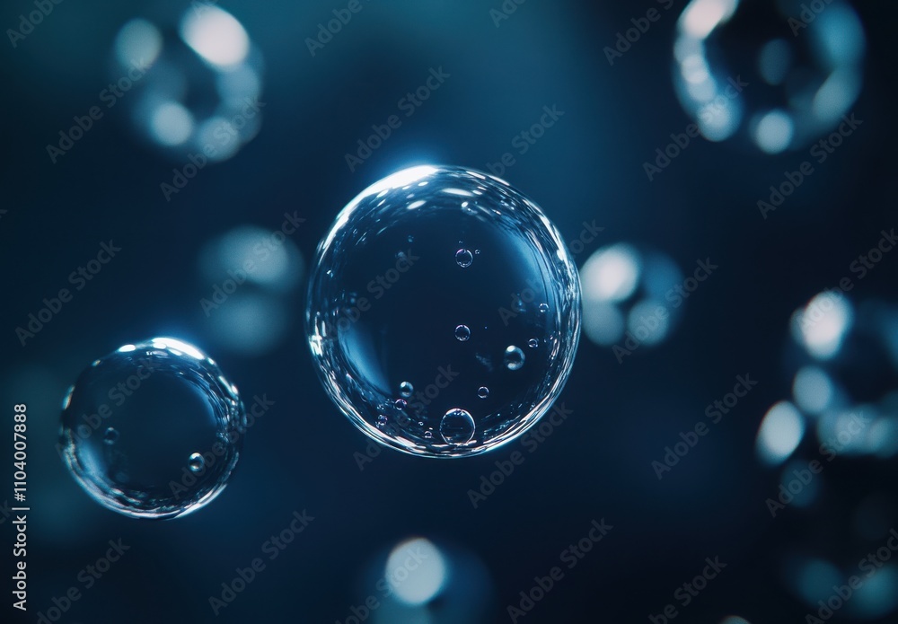 Poster floating transparent bubbles in blue water background with glimmers and soft focus, ideal for abstra