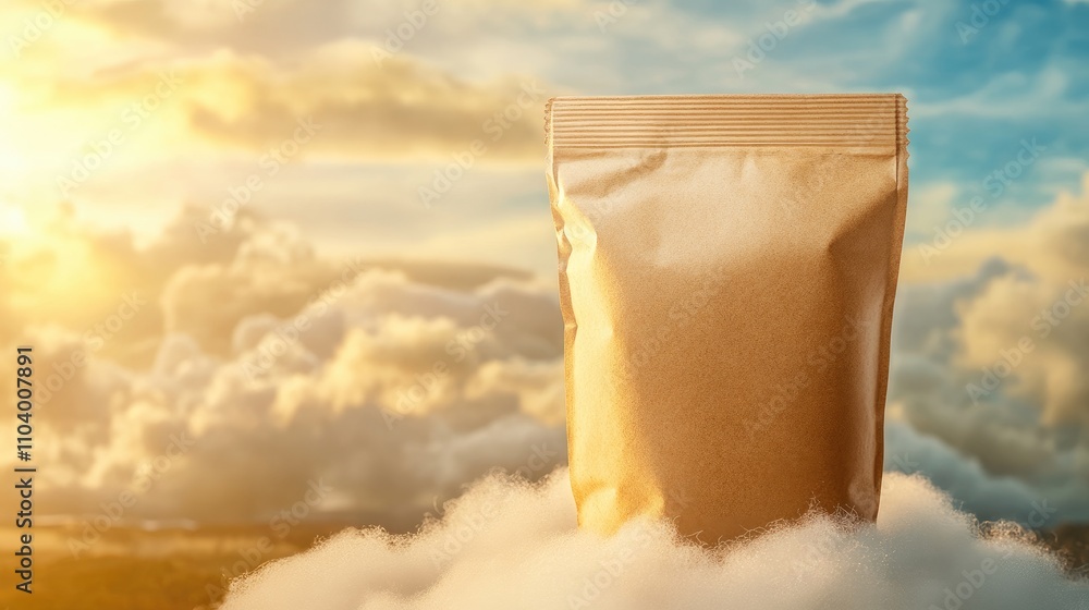 Fototapete dreamlike packaging mockup placed on a cloud in a vibrant sunrise setting with golden highlights and