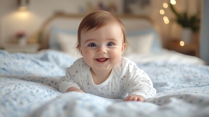Newborn baby smiling and crawling on the bed, capturing motherhood and childcare moments