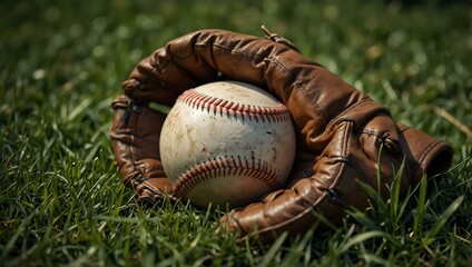 A baseball and glove on lush grass, emphasizing texture.