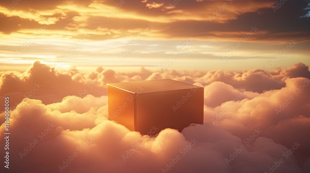Fototapete dreamlike packaging mockup placed on a cloud in a vibrant sunrise setting with golden highlights and