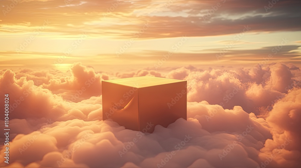 Fototapete dreamlike packaging mockup placed on a cloud in a vibrant sunrise setting with golden highlights and