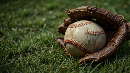 A baseball and leather glove on lush green grass, highlighting their details.