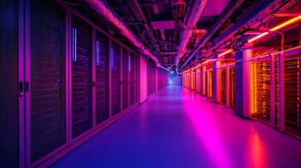 Fototapeta premium A futuristic server room illuminated with vibrant purple and pink lights, showcasing rows of servers and a sleek, modern design.
