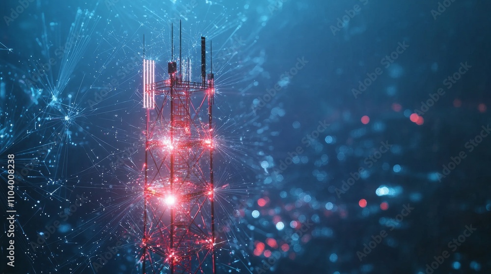 Poster a futuristic communication tower surrounded by a digital network, illuminated with red lights in a b