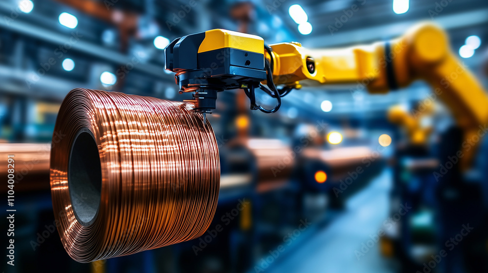 Poster a robotic arm precisely handles a roll of copper wire, with other rolls visible in the background of