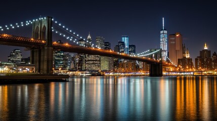 A nighttime view of a city skyline with a bridge and reflections on the water.