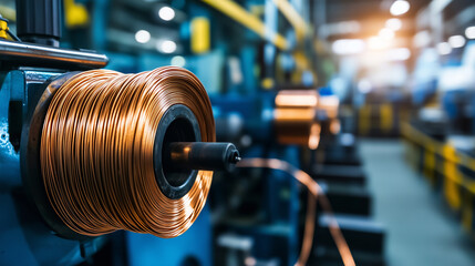 The dynamic contrast of copper wire rolls against a backdrop of industrial machinery highlights the precision of modern production techniques.