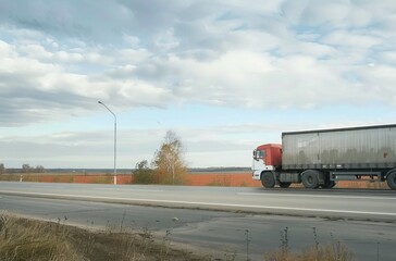 A truck on the road in Russia, with white and red colors, side view, driving along an asphalt highway, near fields and trees. The cargo is parked at one end of it truck on the highway