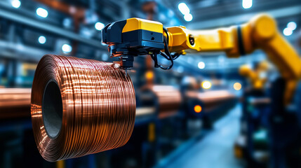 Obraz premium A robotic arm precisely handles a roll of copper wire, with other rolls visible in the background of an automated production facility.