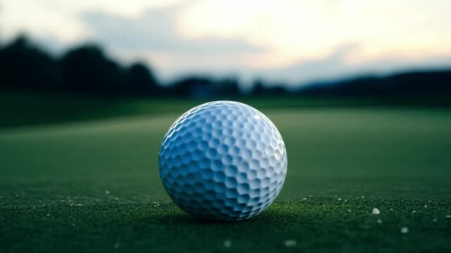 This golf ball lies on the green as twilight casts a soft glow over the landscape.