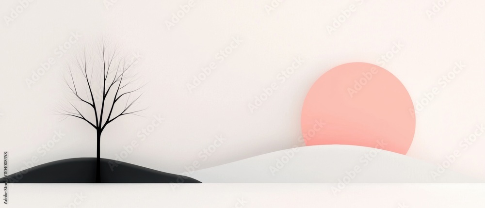 Poster digital illustration of a landscape. it has a white background with a black hill on the left side. o