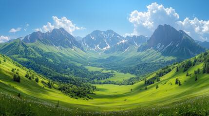 Obraz premium Breathtaking view of a lush green valley surrounded by towering snow-capped mountains under a vibrant blue sky.