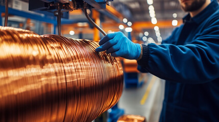 Warm orange tones from the copper wire rolls fill the frame, with a skilled technician in gloves inspecting their quality.