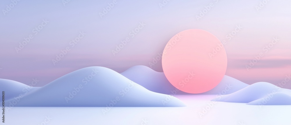 Poster digital illustration of a landscape with a pink and purple gradient background. in the center of the