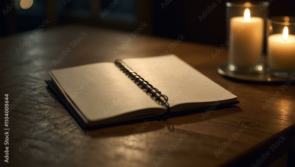 Poster a beautiful notebook on a table during the evening, with an empty sheet.