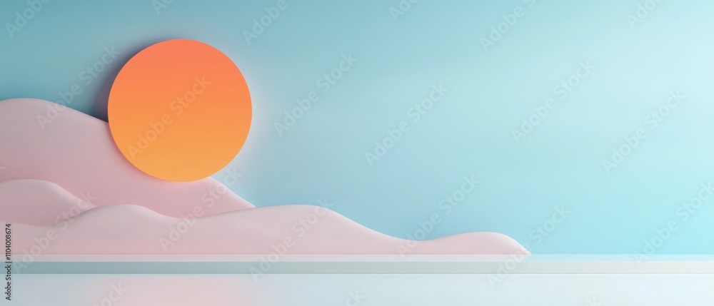 Poster 3d rendering of a minimalistic landscape. the background is a light blue color with a gradient effec