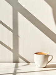 Coffee cup on minimalist table bright room still life indoor close-up serenity