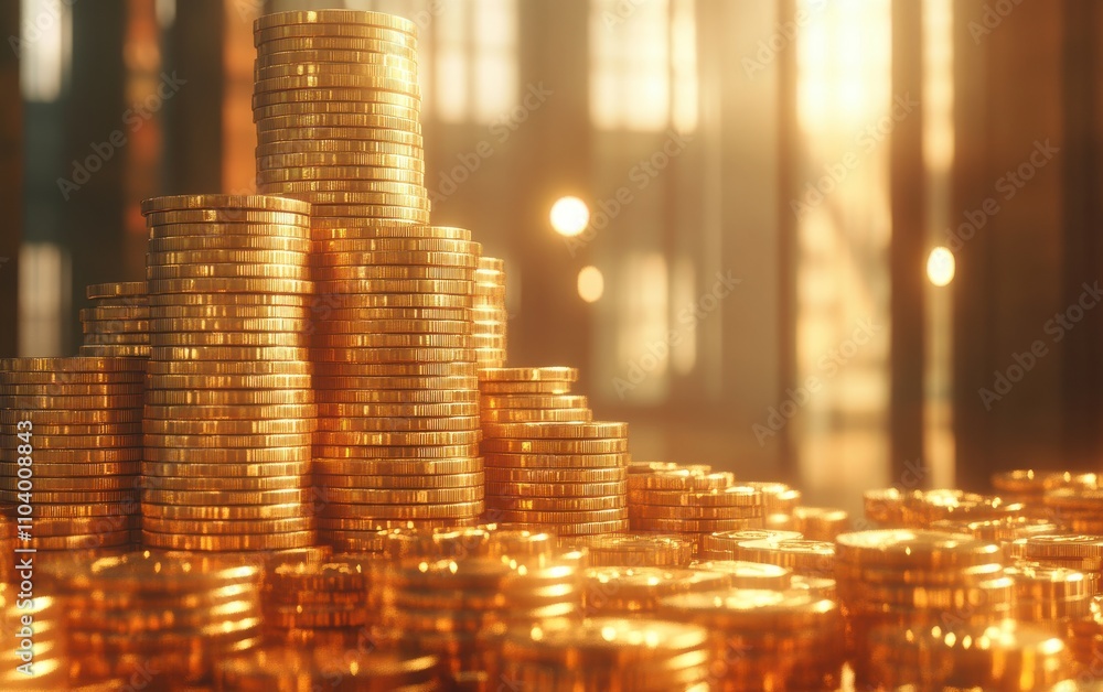Poster golden coins stacked in a towering pile with warm light reflection showcasing wealth and prosperity 