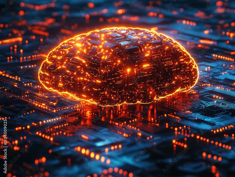 Poster a glowing, digital brain sits atop a circuit board, symbolizing artificial intelligence and advanced