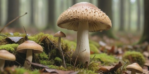 Fototapeta premium Magnificent Mushrooms in a Mystical Forest: A Close-Up View of Fungi Growing on Mossy Forest Floor