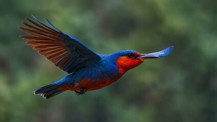 A bird with blue plumage and red-tipped wings, flying gracefully.