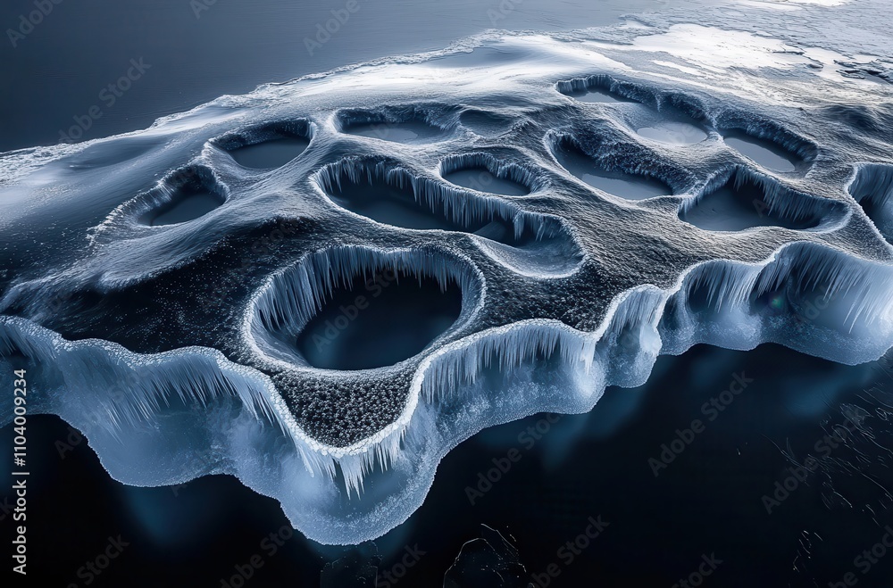 Poster intricate patterns of ice formations captured from above, showcasing unique shapes and textures on a