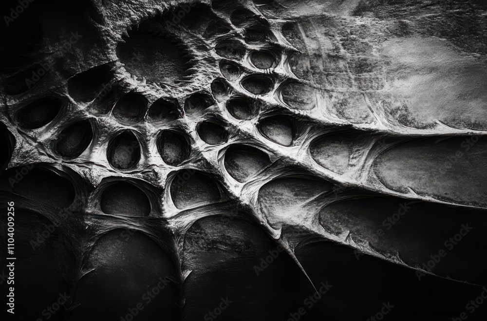 Poster intricate patterns and textures of a geometric structure in monochrome, capturing the elegance and d