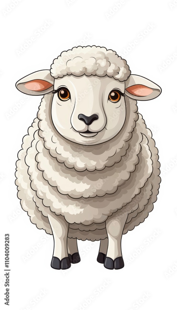 Poster cute cartoon sheep in fluffy wool with friendly expression on a white background. generative ai