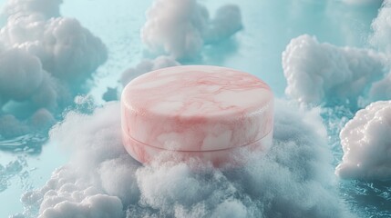 Fototapeta premium Elegant packaging mockup sitting atop a cloud with misty edges and a dreamy light blue sky filled with cotton candy-like textures.