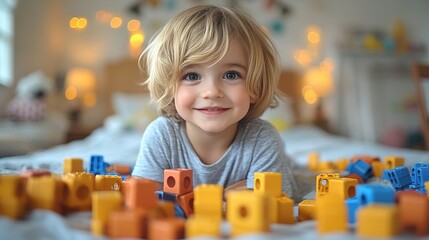 Happy boy looking through a toy, sitting on the bed at home