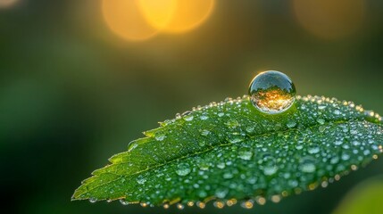A close-up of a leaf with water droplets reflecting light, showcasing nature's beauty.