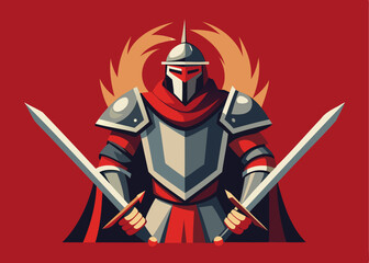 Obraz premium Knight in helmet emblem. Cartoon heraldic character with shield. Heraldry medieval armor and sword