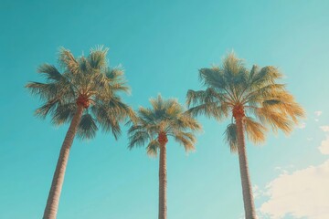 Palm trees with blue sky, beautiful tropical background. 