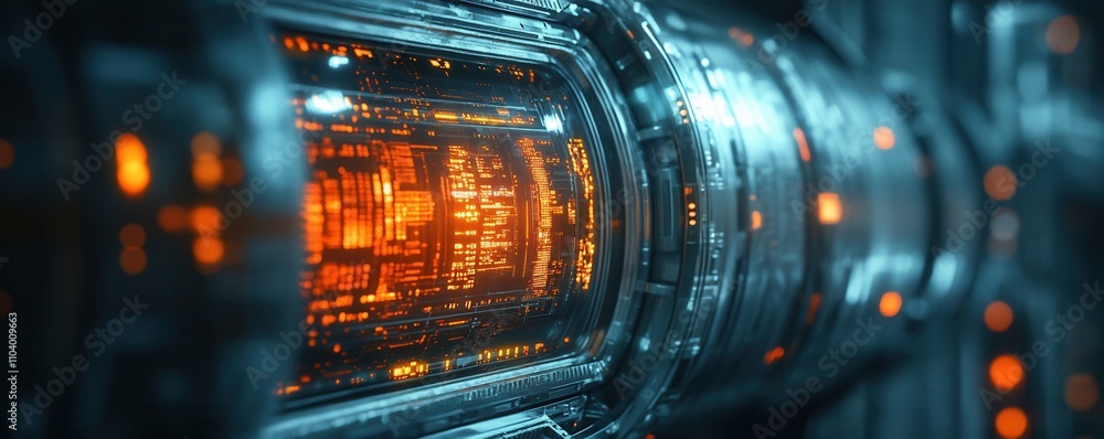 Poster a futuristic, illuminated cylinder filled with intricate circuitry and glowing patterns, showcasing 