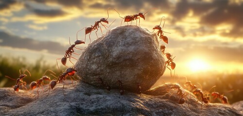 A group of ants lifting a rock, captured in a highly detailed 3D rendering with macro photography. 