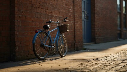 A blue bicycle resting against a sunlit brick wall in a quiet city scene.