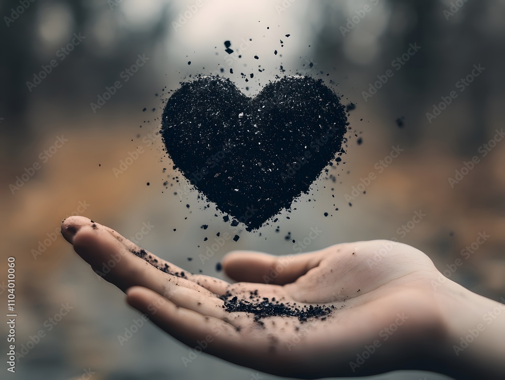 Poster a hand holding dark soil forms a heart shape with granules floating above symbolizing love, nature, 