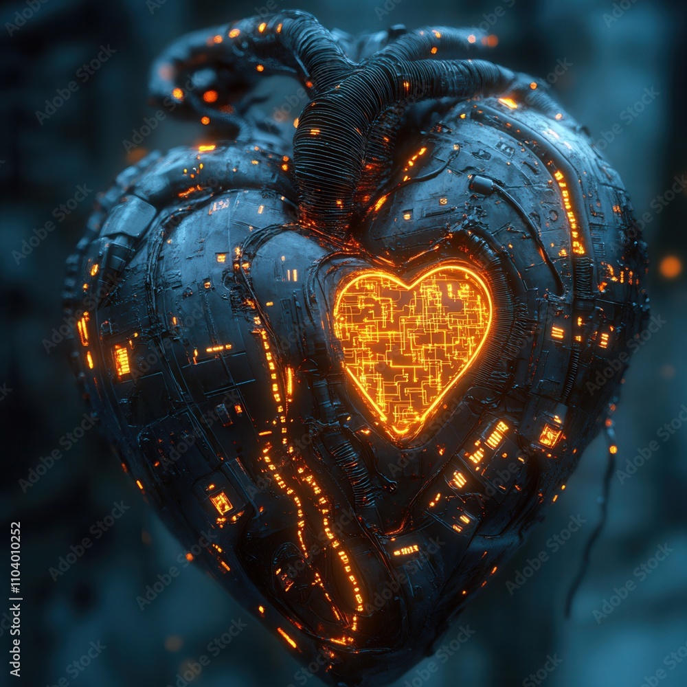 Poster a glowing, futuristic heart with intricate circuitry patterns, blending organic and technological el