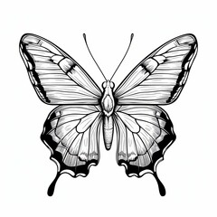 Intricate black and white illustration of a butterfly, showcasing detailed wing patterns and graceful symmetry.