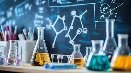 Blackboard filled with handwritten scientific equations and chemistry structures, symbolizing education