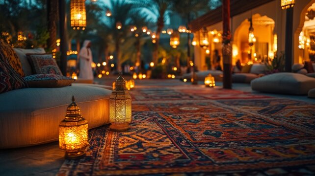 saudi carpet in the elegant saudi outdoor majlis at night in the beautiful event area of the gala with guests, comfortable and elegant