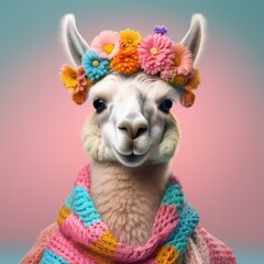 Fototapeta premium Cute Llama in Flower Crown and Colorful Blanket, National Llama Day