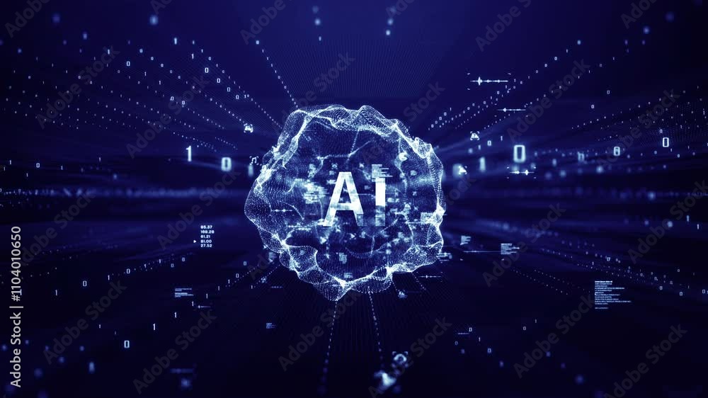 Poster artificial intelligence brain and binary coding animation, big data flow analysis, deep learning mod
