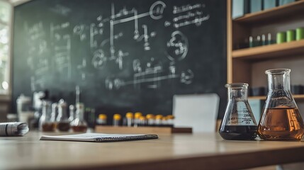 Blackboard filled with scientific equations, physics formulas, and chemistry diagrams in white chalk
