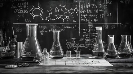 Blackboard filled with scientific formulas, including physics equations and chemical structures