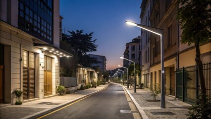 Modern City Street With LED Lights During Evening Hours in a Residential Area. Generative AI