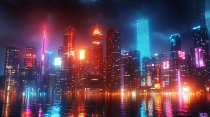 Fototapeta premium Vibrant cityscape fueled by renewable energy stocks, glowing symbols of progress, 