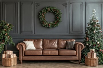 A plush leather couch adorned with festive Christmas decorations, while a beautiful wreath hangs on the wall, creating a warm holiday atmosphere.